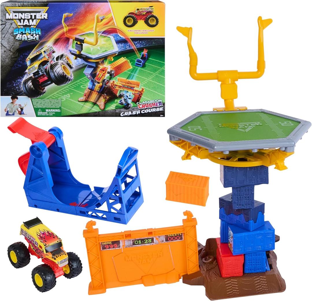 Monster Jam Smash & Bash Crash Course Playset with Launcher, Exclusive 1:64 Scale Monster Truck, 16-inch Obstacle Tower with Trampoline, Kids Toys for Boy and Girls Ages 3 and up