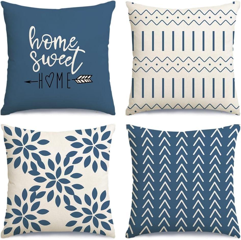 RABUSOFA Blue Throw Pillow Covers 18x18 Set of 4,Decorative Pillows for Couch Bed,Boho Outdoor Home Sweet Home Decor Pillow Cases for Home Linen Fabric Navy