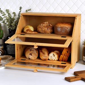 Double Layer Bread Box for Kitchen Countertop, Large Breadbox Bread with Windows, Food Keeper for Pastries, Bread & Cookies (Natural Bamboo)