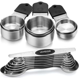 Magnetic Measuring Cups and Spoons Set Stainless Steel 7 Heavy Duty Measuring Cup & 8 Measuring Spoons with 1 Leveler for Measure Dry and Liquid Ingredients (Black)