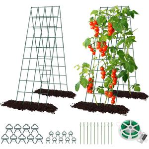 Cucumber Trellis for Raised Bed, Rifny 16.5 x 60 Inch Metal Trellis for Climbing Plants Outdoor with Plant Clips Twist Ties, Garden Plant A-Frame Trellis for Vegetable Pea Tomato (Green, 2 PCS)