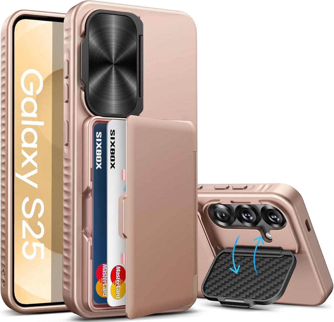 SIXBOX for Samsung Galaxy S25 Case with Card Holder & Camera Lens Cover Stand, Military Grade Drop Protection Shockproof Rugged Kickstand Wallet Protective Phone Case for Samsung S25 2025, Rose Gold
