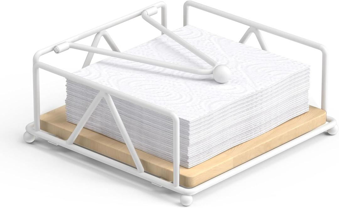 Napkin Holder for Table, Farmhouse Napkins Holder with Weighted Arm, Wood Napkin Holders for Paper Napkins, Wood Paper Towel Holder for Countertop, Dining Room, Rustic (White)