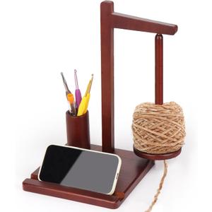 Walnut Wooden Yarn Spinner Holder with Phone Stand & Crochet Hook Storage