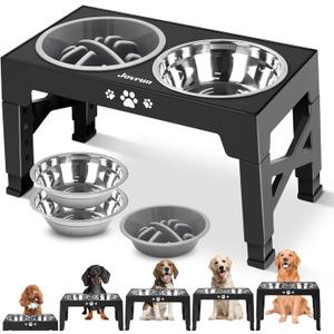 Elevated Dog Bowls, Dog Feeder with 2 Stainless Steel Dishes &1 Slow Feeder Bowl, 5 Heights Adjustable Raised Stand for Medium Large, Food Dishes with Non-Slip Feet (Black)