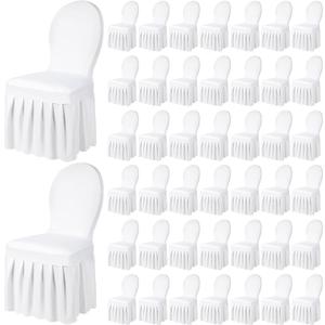 Oudain Chair Slip Covers with Skirt Wedding Long Stretch Spandex Dining Chair Cover Protectors Removable and Washable for Hotel and Wedding Ceremony(White,50 Pieces)
