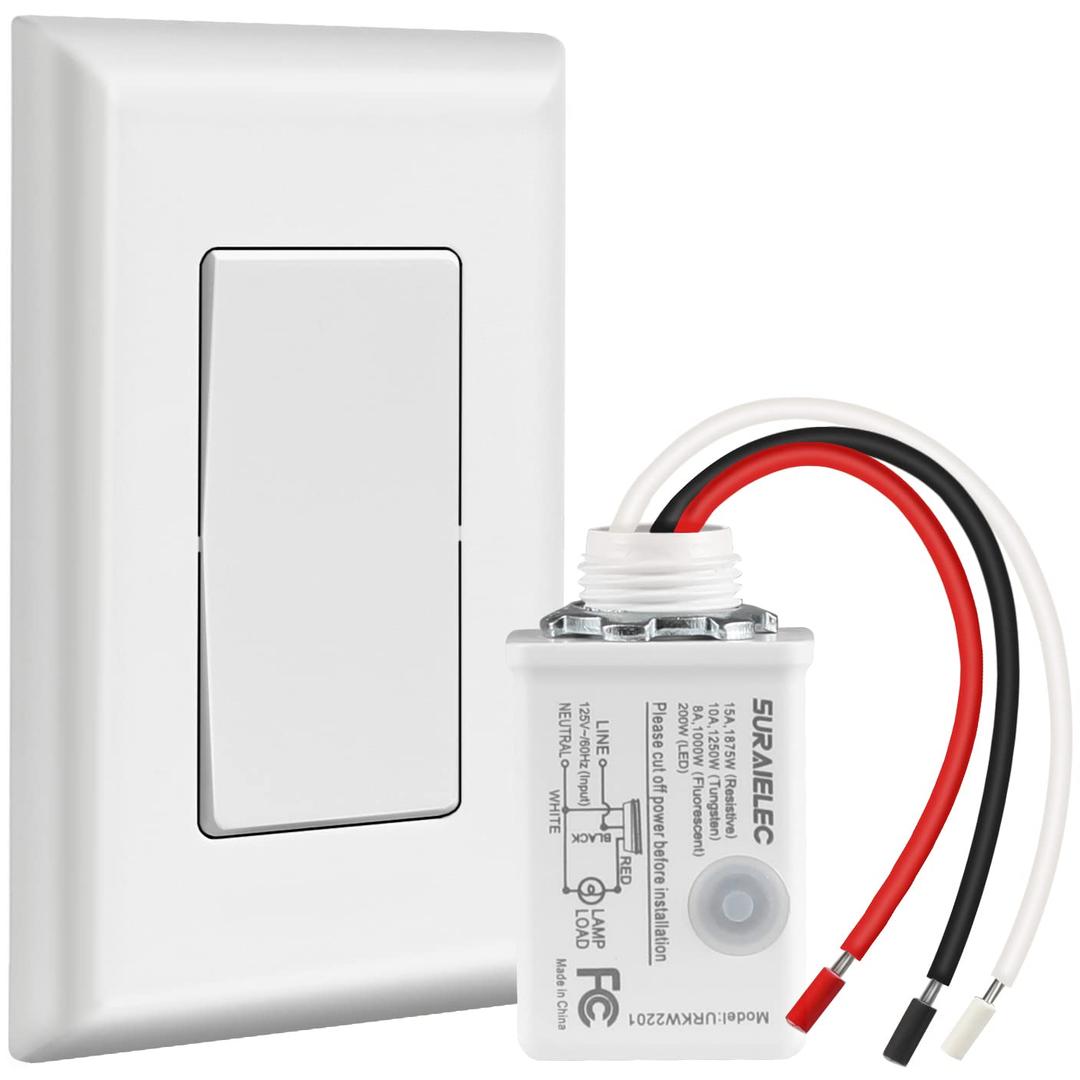 Suraielec Wireless Light Switch and Receiver Kit, 15A High Power, No Wiring, No Interference, 100ft RF Range, Expandable Remote Control Wall Switches for Lamp, Ceiling Light, Fan, Outdoor Lighting