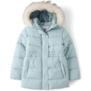 The Children's Place Girls' Water and Wind Resistant Hooded Zip Front Mid Length Puffer Jacket, Faux Fur Lined (Frosty, XXL)