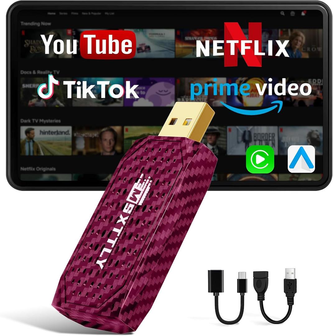 Mini Streaming Box for Netflix/YouTube/TikTok/Prime Video, Carplay Android Auto Wireless Adapter, Car Stream Dongle, for iPhone iOS10+ & Android 11.0+, for Cars with Wired CarPlay, Rose red