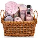 Aqua Elegante Spa Basket For Women - Deluxe Bath Set with Wash, Bubble Bath, Lotion, Salts, Body Scrub, Towel, Shower Puff, Bathbombs, Reusable Basket, Gifts for Mom, Wife, Her - Rose Oil & Orchid