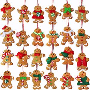 Winlyn Set of 24 Christmas Gingerbread Ornaments - Clay Figurine Gingerbread Family Dolls & Gingerman Hanging Tree Ornaments for Gift, Holiday Stocking Stuffers, Tree Wreath Mantel Decor