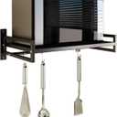 ABCOOL Wall Mount Microwave Oven Shelf Rack for Kitchen Home, Black Carbon Steel Counter Countertop Holder with Hook Rail and 3 Slidable Hooks