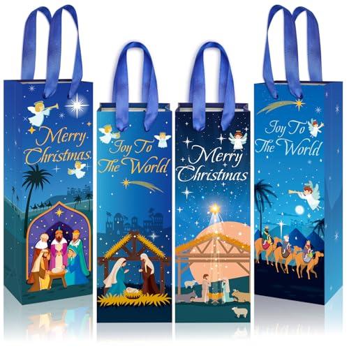 12Pcs Christmas Nativity Wine Gift Bags with Handles, Holiday Gift Bags for Liquor Bottles, Merry Christmas Wine Bags Kraft Paper for Winter Nativity Religious Xmas Gift Party Favor Bulk Holiday Wrap