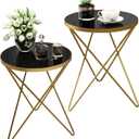 HLR Modern Round Side Table Set of 2, End Table with Marble Effect Top and Gold Metal Frame, Small Side Table for Living Room, Bedroom, Sofa and Couch, Gold Legs, Black Glass top, 2-pack