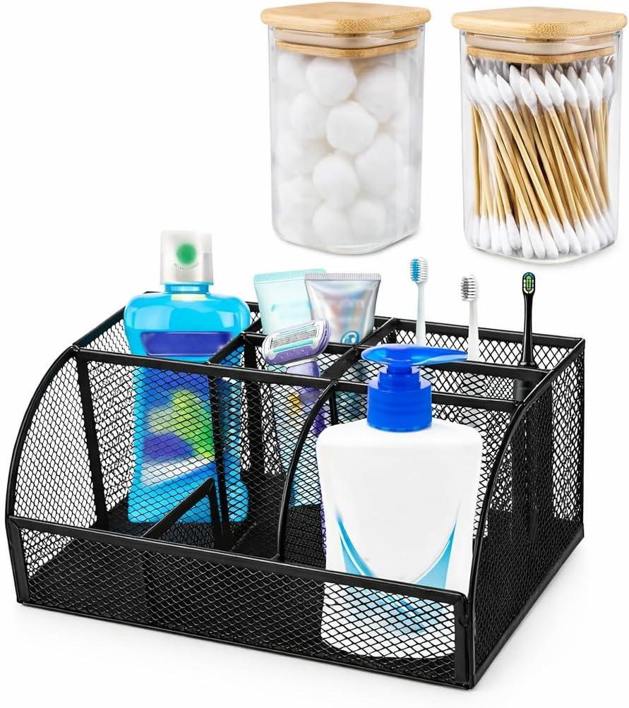 Toothbrush Holders for Bathrooms, Bathroom Counter Organizer, Electric Toothbrush and Toothpaste Holder, Metal Mesh Vanity Storage with 2 Glass Qtip Holders, 7 Slots, Black