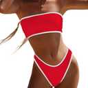 YIMISAN Women's Two Piece Bandeau Swimsuit Ribbed Strapless Tube Bikini Top with Mid Waist Cheeky Bottom Bathing Suit (XS, Red & White)