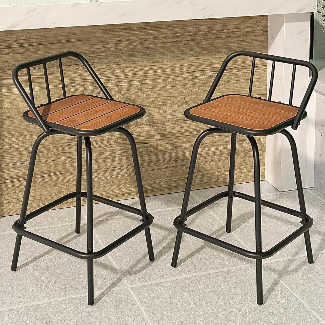 YITAHOME Outdoor Bar Stools Set of 2 Swivel Barstools, 24" Bar Height Outdoor Chairs with Back and Footrest, All-Weather 360 Rotating Patio Bar Stools for Bar, Kitchen Island, Wood