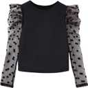 OYOANGLE Girl's Polka Dots Mesh Long Puff Sleeve T-Shirt Ribbed Knit Casual Blouse Top (Black)