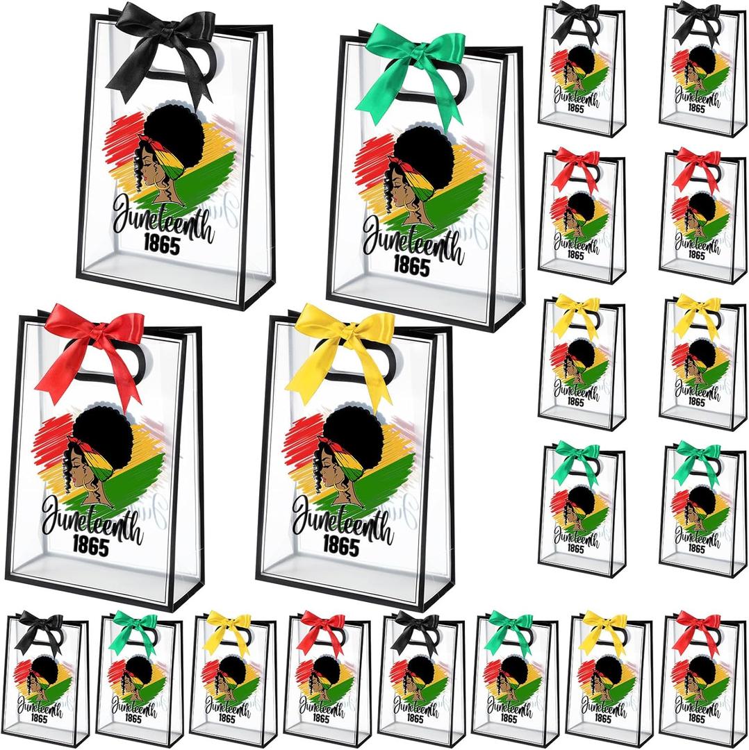 Sweetude 20 Pcs Happy Juneteenth Gift Bags with Die Cut Handles Clear Plastic Juneteenth Party Gift Bag with Ribbon for June 19th African American Independence Day Party Favor, 7 x 10 x 3.15 Inch (Stylish Color)