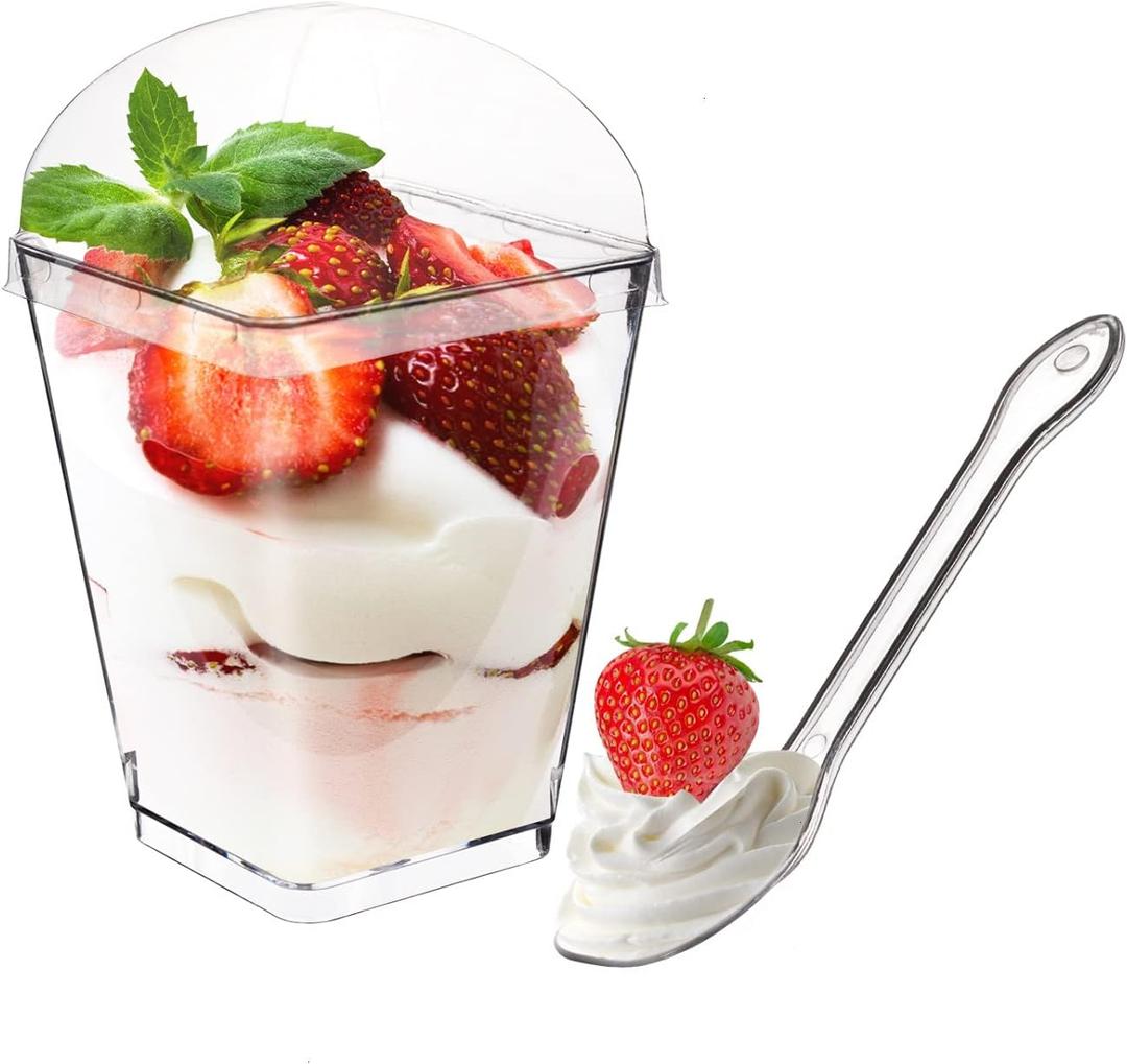 100 Pack 5 oz Dessert Cups with Lids and Spoons, Tall Appetizer Cup Clear Plastic Parfait Cups, Dessert Shot Glasses for Baby Shower Party, Wedding, Birthday Party