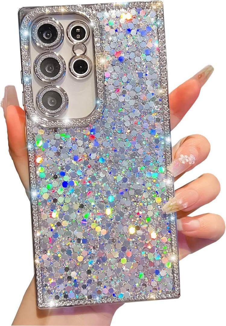 BANAILOA Glitter Sparkle Compatible with Samsung Galaxy S24 Ultra Case Rectangle Edge with Luxury Bling Rhinestones Camera Cover Protective Case for S24 Ultra - 6.8 inch (Sliver Flash)