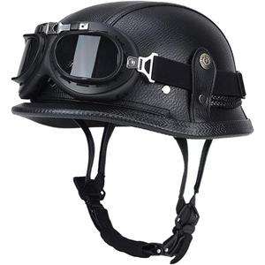 German Style Motorcycle Helmet, Retro Leather Motorcycle Half Helmet Skull Cap for Adult Men Women, Vintage Open Face Half Shell Helmet for Cruiser Scooter Chopper, DOT Approved (Medium, Black)