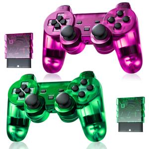 Burcica Wireless Controller for PS-2 Play 2 Double Vibration 2 - Clear/Green and Clear/Purple