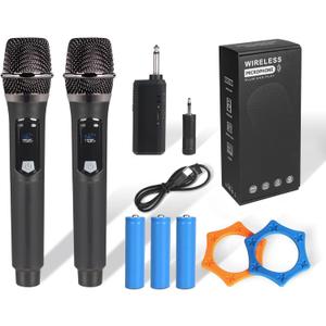 Wireless Microphone Set for Singing, Speech & Events, 2.4GHz Dual Cordless Mics with Rechargeable Receiver, 200ft Range, Metal Mic 2-Pack for Karaoke, Party, PA SystemsBlack