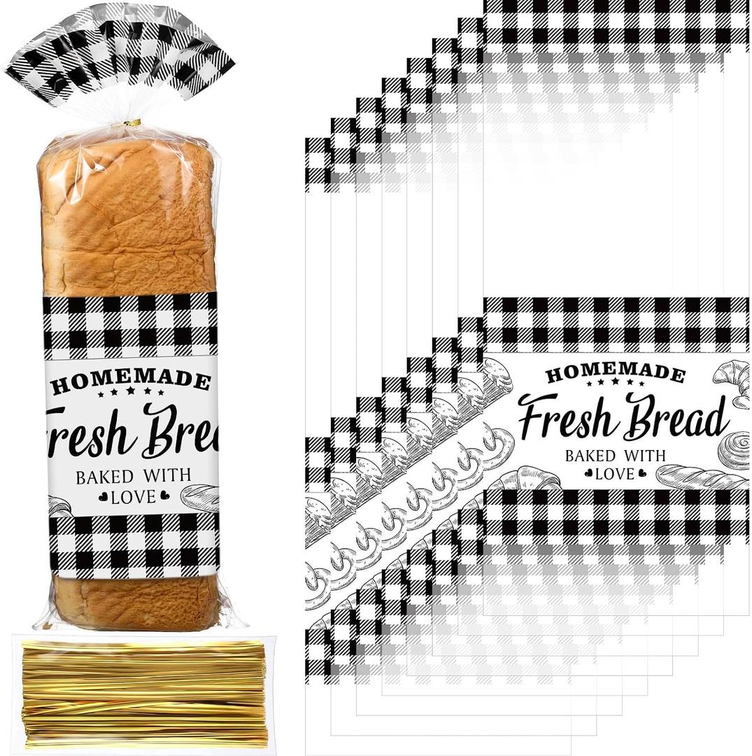 Containlol 50 Pack Bread Bags for Homemade Bread with Twist Ties, Clear Plastic Bakery Bags with Black Buffalo Plaid Design for Sourdough, Cookies, Rolls, Home Bakers Gift Packaging