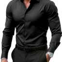 BUXKR Men's Wrinkle Free Slim Fit Dress Shirts Formal Long Sleeve Button Down for Wedding Business (Black, XL)