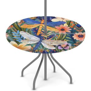 Dragonfly Outdoor Round Tablecloth with Umbrella Hole, Circle Fitted Tablecloths with Elastic 36"-44" Waterproof Oil-Proof Round Outdoor Tablecloth Patio Table Cover for Picnic Camping Party