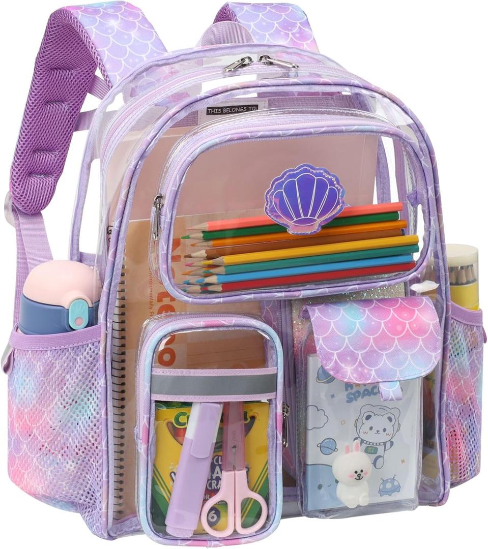 Clear Backpack for Girls - 15 Inch Heavy Duty Transparent Kids Backpacks for School, PVC Bookbag with 3 Front Pockets for Kids Aged 3 to 8, Purple Mermaid Scale