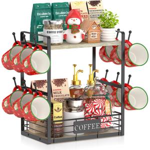 EsLuker.ly Coffee Mug Cup Holder Stand Bar Station Organizer for Countertop, Multi-Functional 2 Tier Mug Tree Rack for Kitchen, Storage Shelf with 12 Hooks, Light Grey-Black(Patented Design)