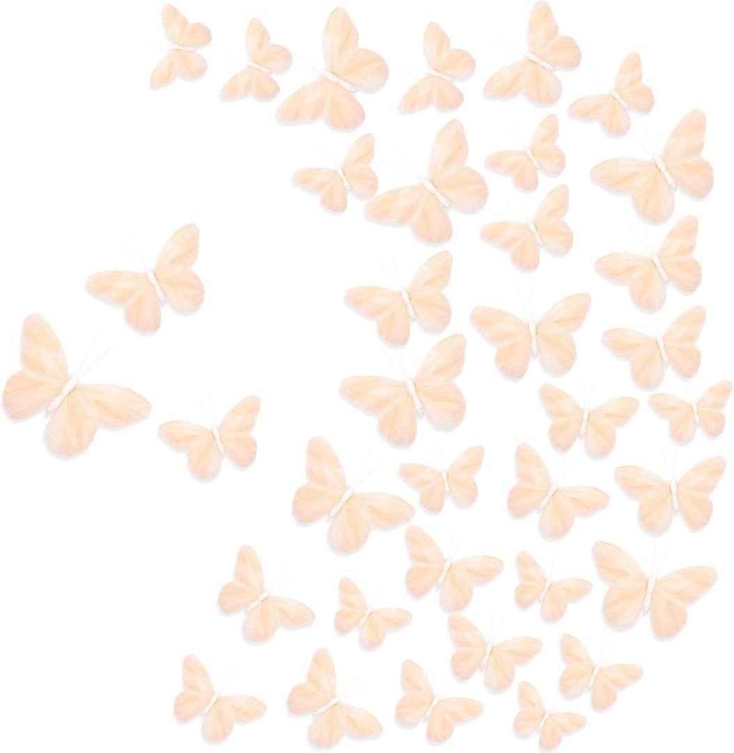 Chuangdi Feather Butterfly Decorations 36 Pcs Champagne 3Size Monarch Wall & Party Decor for Wedding, DIY Crafts Lightweight Artificial Feather Butterflies for Home Indoor Outdoor