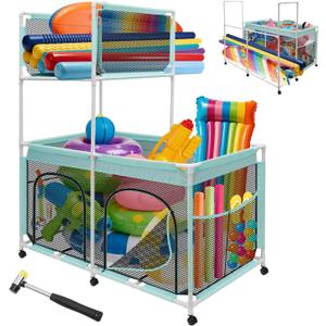 Pool Float Storage Bin 271 Gallon - 2-in-1 XX-Large Outdoor Pool Toy Storage Holder for Raft Noodles Inflatables Towels Balls, 9 Wheels Mesh Rolling Organizer Car Bin for Swimming Equipments