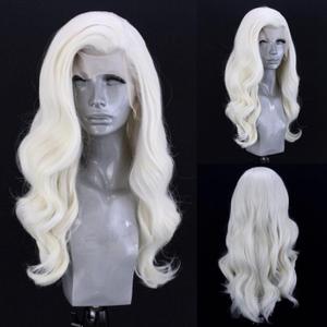 White Blonde #60 Long Wavy Hair Synthetic Lace Front Wig Natural Hairline Heat Resistant Fiber Hair Free Part Glueless Lace Wig for Women Cosplay Wigs