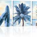 LoveHouse Beach Palm Trees Canvas Wall Art Hawaii Coastal Seascape Artwork Pineapple Surfboard Pictures Prints (Blue)