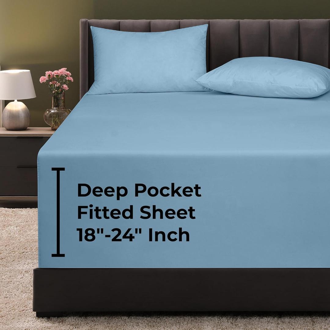 Royale Linens Extra Deep Pocket Queen Fitted Sheet Only-Queen Size Deep Pocket Lake Blue Fitted Sheet- Fits 18 inch to 24 inch Thick Mattress- Soft & Breathable Elastic Sheets (60x80 Inches,Lake Blue)