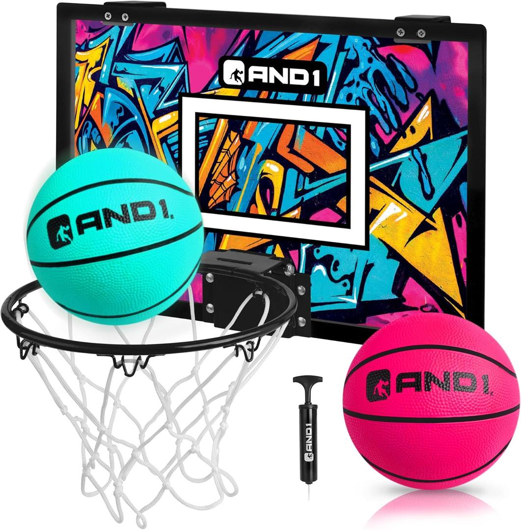 AND1 Over the Door Mini Basketball Hoop: 18x12 Shatterproof Backboard, 2 Mini Basketballs, and Hand Pump Included- Ultimate Indoor Basketball Accessory for Kids and Adults, No Tools Required (Teal)