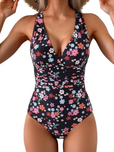 Eomenie One Piece Swimsuit for Women Tummy Control Slimming Bathing Suit Wide Straps V Neck Swim Suit Cross Back Swimwear (Floral Print,Medium)