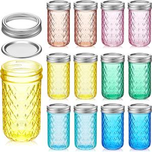 Zhehao 12 Pcs 12 oz Colored Mason Jars with Lids, Christmas Decorations, DIY Mason Jars Crafts, Jar for Fermenting, Pickling, Storage Honey Jam Wedding Favors Shower Favors