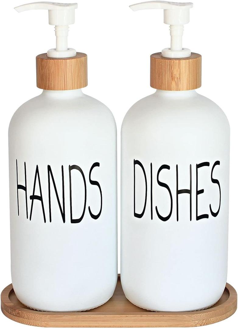 Glass Soap Dispenser Set - Hand Soap and Dish Soap Dispenser with Bamboo Tray. Vintage Soap Dispenser with Pump for KitchenKitchen Drain Outlet and Bathroom. Stylish Permanent Labels (Matte White)