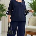 AOVDE Plus Size Pant Suits 2 Piece Casual Dressy Pantsuits Mesh Panel Bell Sleeve Outfits for Women Evening Dinner Party (Blue)