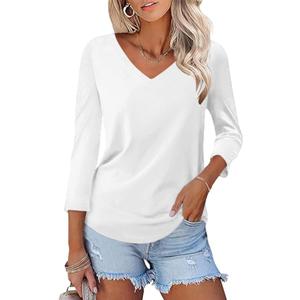 KTILG Women's V Neck T Shirts 3/4 Sleeve Blouse Summer Tops Dressy Casual Solid Basic Tees