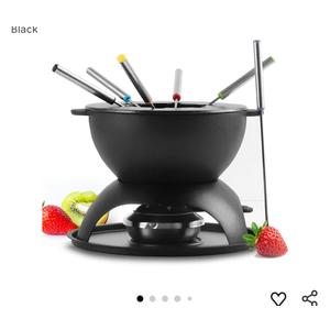 Artestia Cast Iron Fondue Pot for Chocolate, 5-Cup Cheese Fondue Pot with 6 Colored Forks for Fondue Party, 4-6 Person, Black