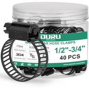 OURU 40PCS 1/2"-3/4" Black Hose Clamp,Adjustable 13-19mm Small Hose Clamps Stainless Steel,Metal Worm Gear Drive Hose Clamps for Automotive,Plumbing,Intercooler,Pipe,Fuel Line Radiator Clamps