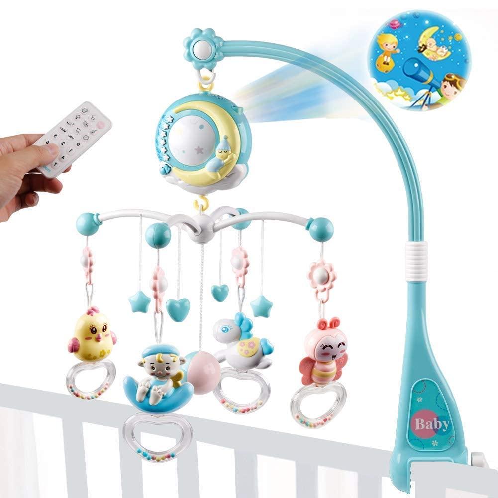 Baby Musical Crib Mobile with Timing Function Projector Lights,Stand-Along Rattles and 150 Melodies Music Box with Remote Control for Newborn 0-24 Months (Blue)