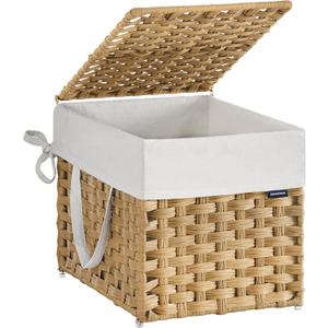 SONGMICS Laundry Hamper with Lid, 9.5 Gallon (36 L) Synthetic Rattan Clothes Laundry Basket with Lid and Handles, Foldable, Removable Liner, Goose Yellow ULCB136Y01