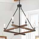 L45'' Rustic Farmhouse Square Wood Chandeliers 6-Light Unique Rectangular Candle Chandelier Long Ceiling Pendant Light for Living Dining Room Foyer Kitchen Bedroom High Ceiling,E12 (45 inches, Walnut)