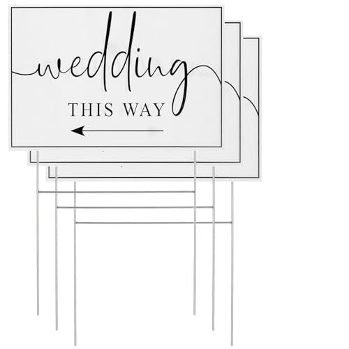 17×12In, Wedding Direction Arrow Signs Decorations, Wedding Directional Arrow Yard Signs, Double-Sided Printed Arrows Wedding Signs, 3 Packs Wedding This Way Plastic Signs with H Stakes